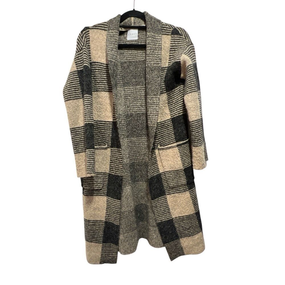 Cyrus Open Front Knit Cardigan With‎ Pockets Plaid Checkered Xsmall